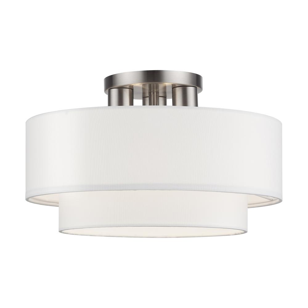 3 Light Brushed Nickel Large Semi-Flush with Hand Crafted Off-White Color Fabric Hardback Shades