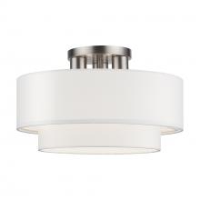 Livex Lighting 50305-91 - 3 Light Brushed Nickel Large Semi-Flush with Hand Crafted Off-White Color Fabric Hardback Shades