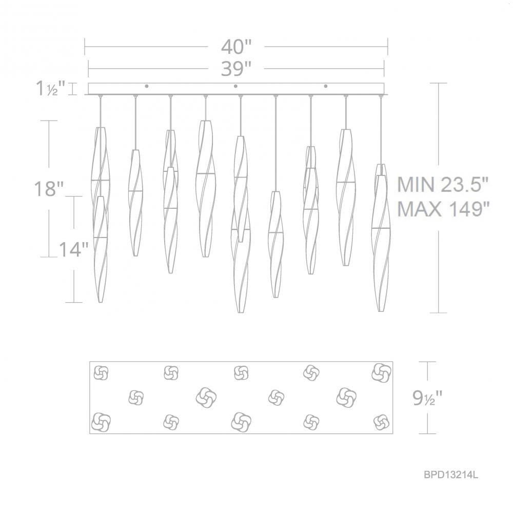 Kindjal 14 Light 120-277V Multi-Light Pendant (Linear Canopy) in Aged Brass with Clear Optic Cryst