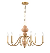 Arabela Lighting 85141-6 - 27" French Country Chandelier in Natural Brass with Natural Solid Wood Center Column