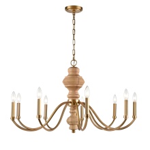 Arabela Lighting 85142-9 - 36" French Country Chandelier in Natural Brass with Natural Solid Wood Center Column