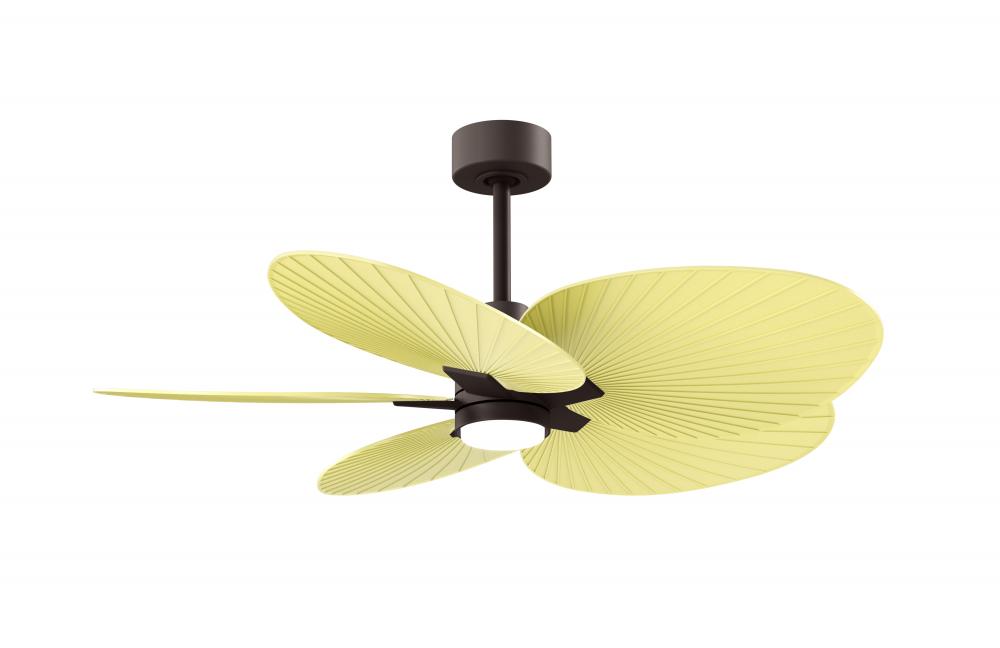 Alessandra Tropical 5-blade ceiling fan in Textured Bronze and Light Yellow blades.