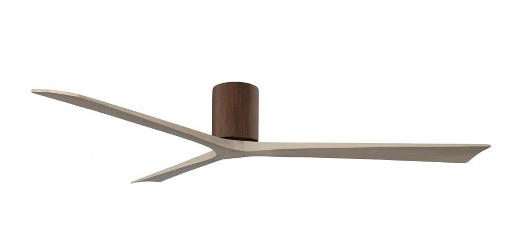 Irene-3H three-blade flush mount paddle fan in Walnut finish with 72” Gray Ash tone blades. 