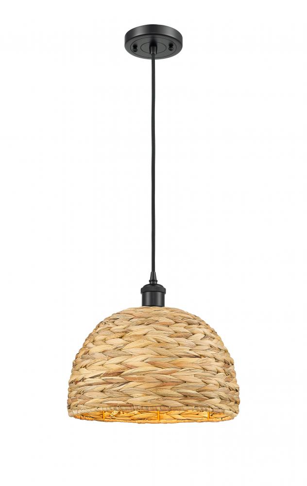 Woven Rattan - 1 Light - 12 inch - Matte Black - Mini Pendant