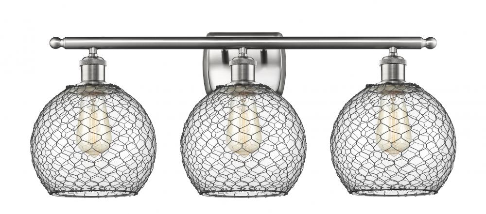 Farmhouse Chicken Wire - 3 Light - 28 inch - Brushed Satin Nickel - Bath Vanity Light