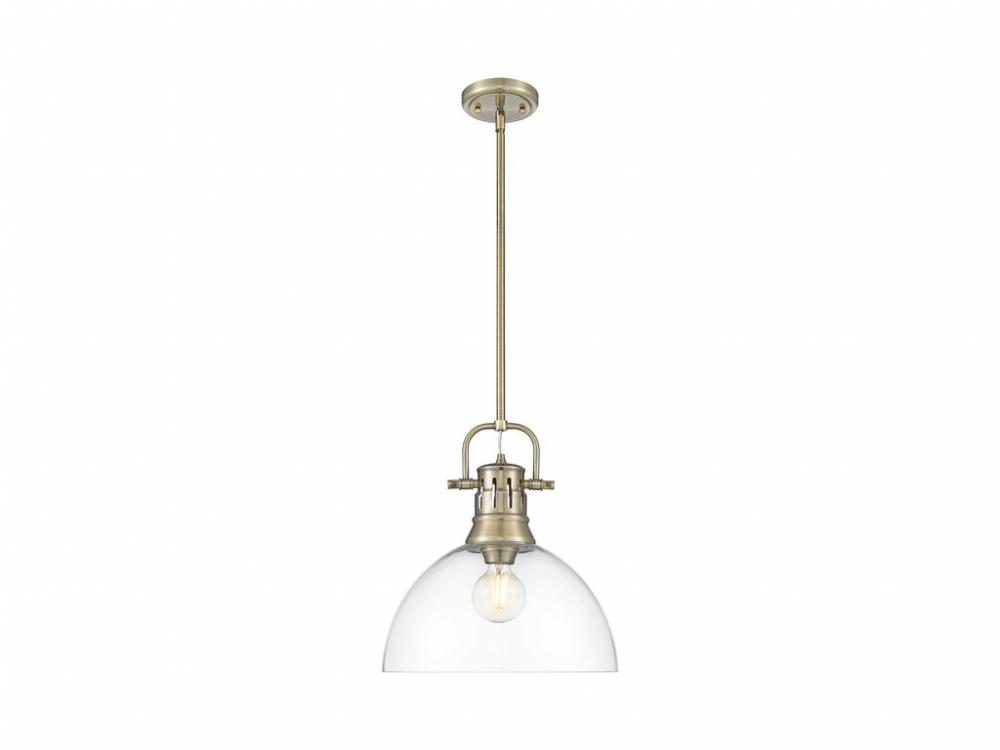 Duncan 1-Light Pendant with Rod in Aged Brass with Clear Glass