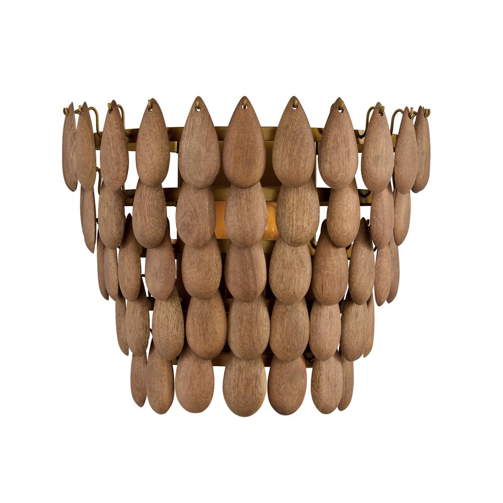 1-Light Flush Mount Sconce in Hand-distressed Patinaed Brass and Handcrafted Mango Wood