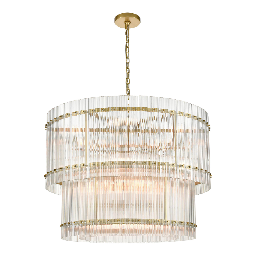 16-Light Fluted Glass Panel 2-Tier Aged Brass Drum Chandelier