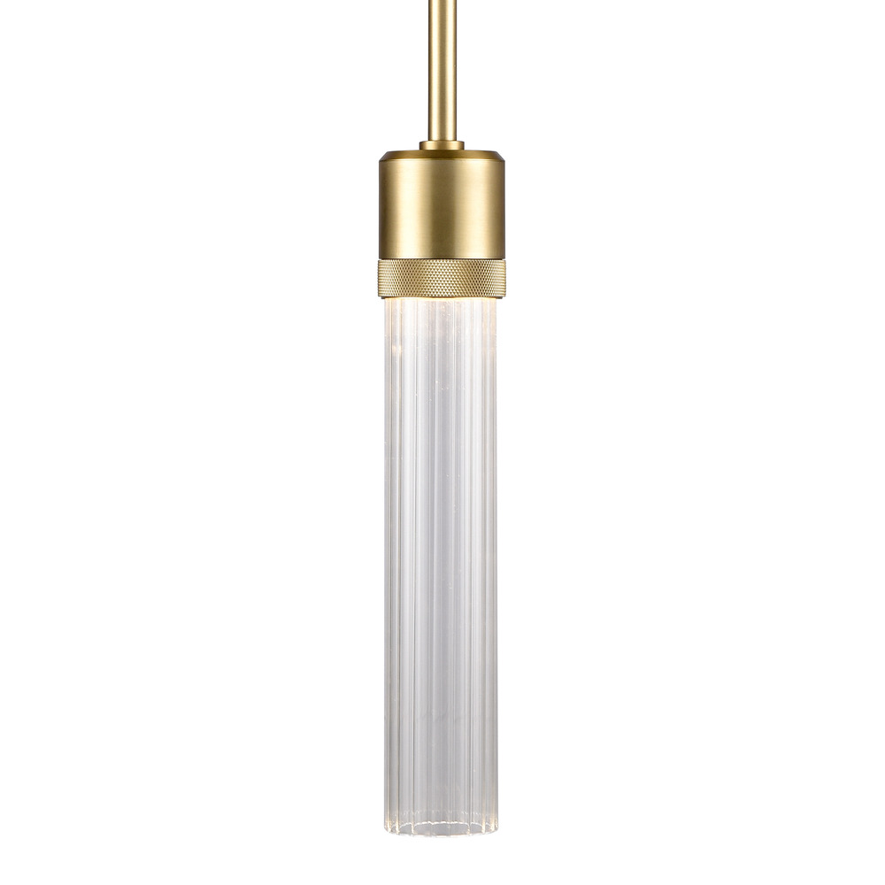 3" LED 3CCT Vertical Cylindrical Pendant Light, 12" Fluted Glass and Aged Brass Finish