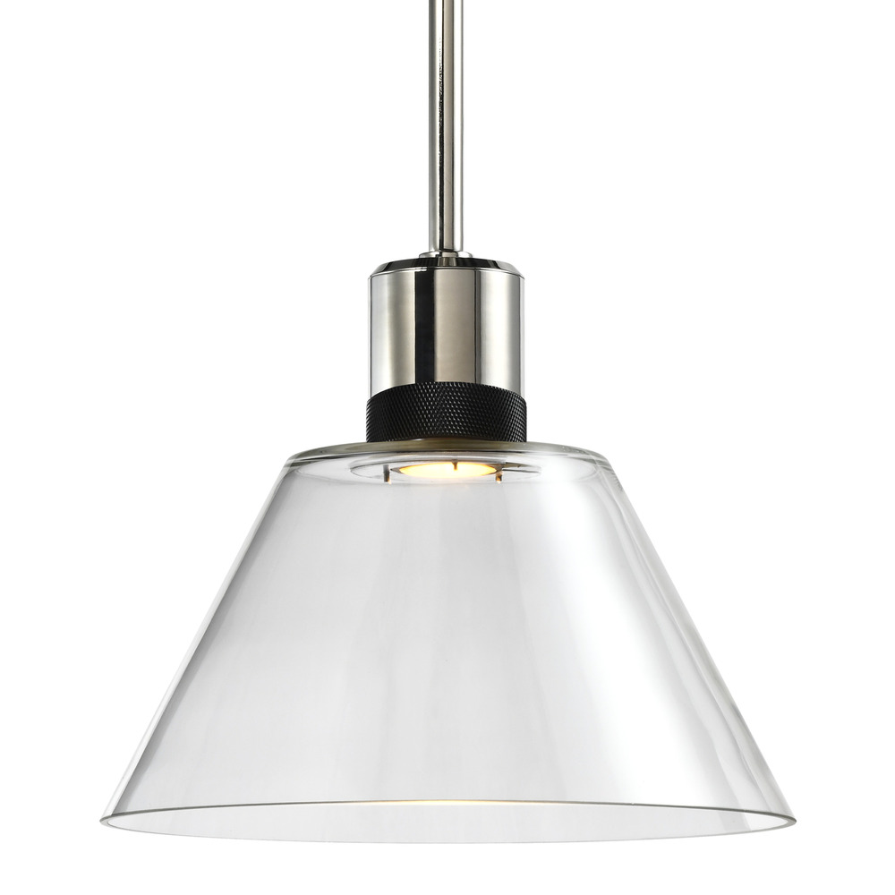 12" LED 3CCT Clear Cone Glass Pendant Light and Polished Nickel with Black Metal Finish