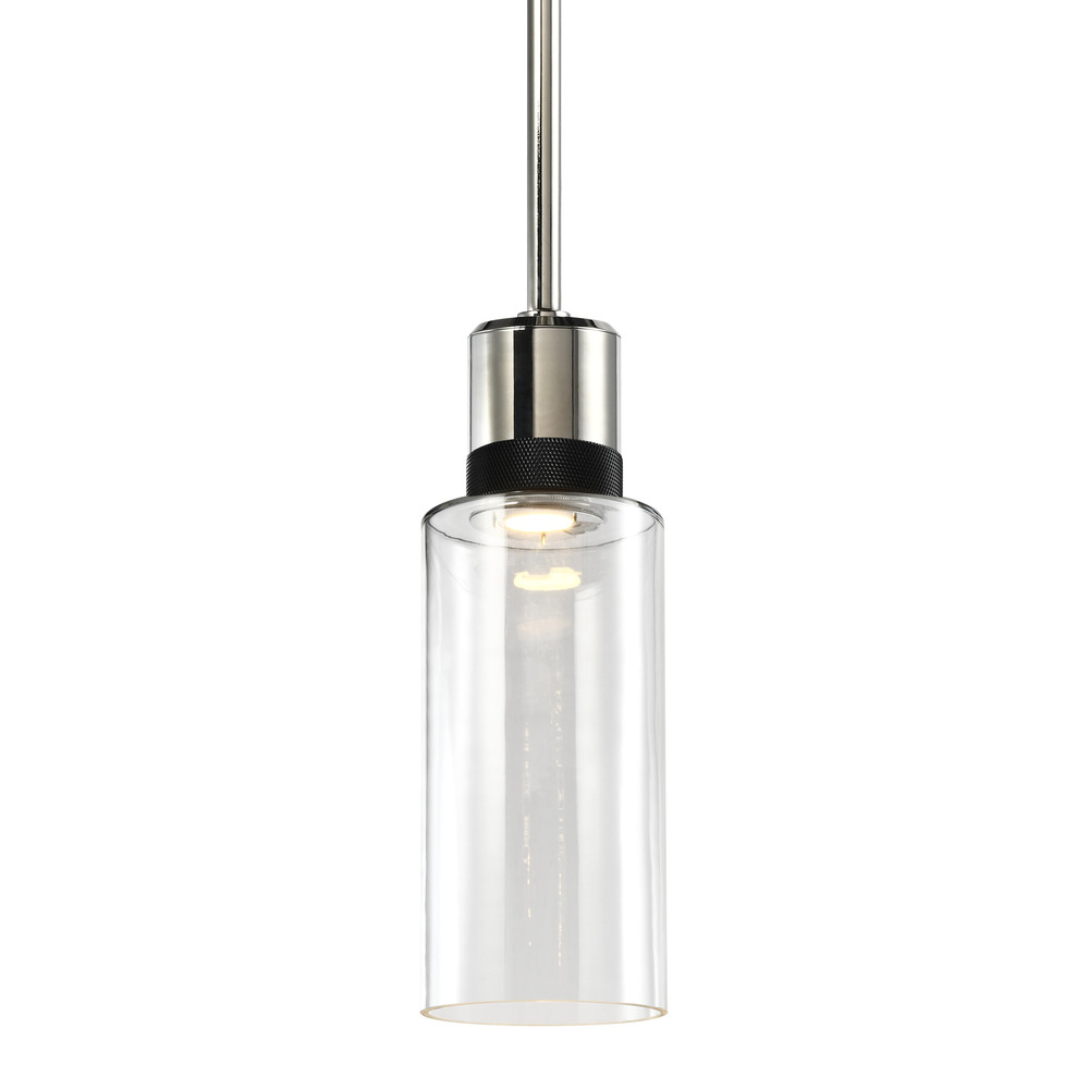 6" LED 3CCT Cylindrical Drum Pendant Light, 12" Clear Glass and Polished Nickel with Black M