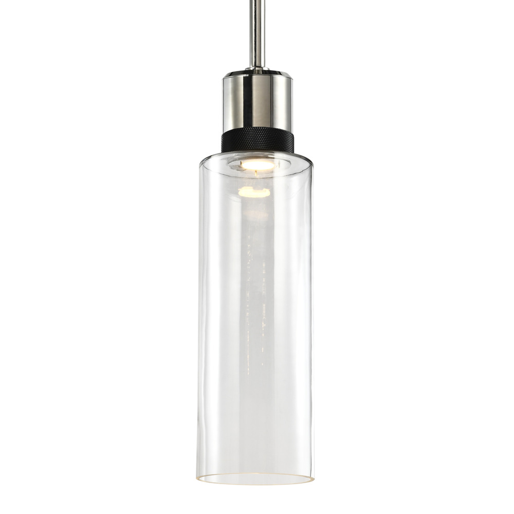 6" LED 3CCT Cylindrical Drum Pendant Light, 18" Clear Glass and Polished Nickel with Black M