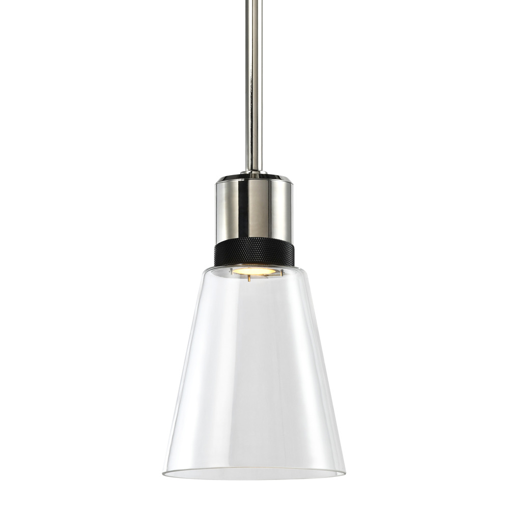 7" LED 3CCT Clear Bell Glass Pendant Light, Polished Nickel with Black Metal Finish