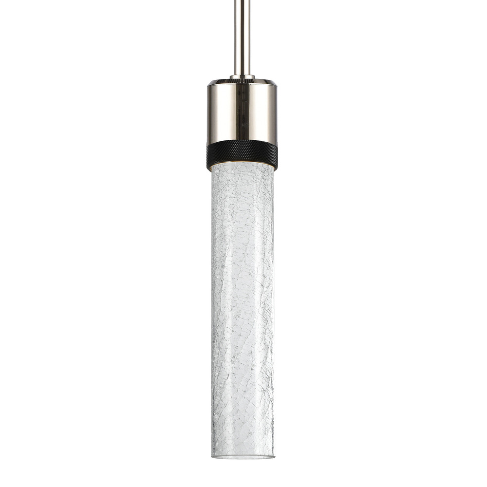 3" LED 3CCT Cylindrical Pendant Light, 12" Crackled Glass and Polished Nickel with Black Fin