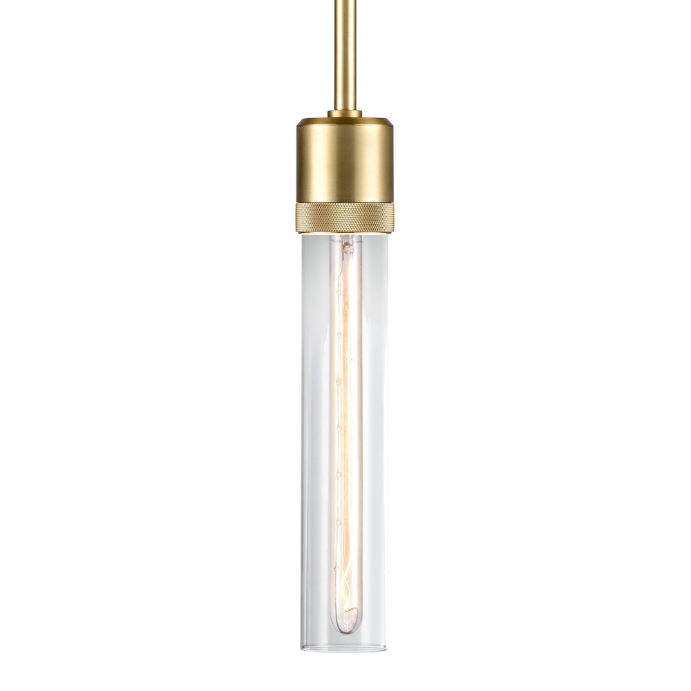 3" E26 Cylindrical Pendant Light, 12" Clear Glass and Aged Brass Finish