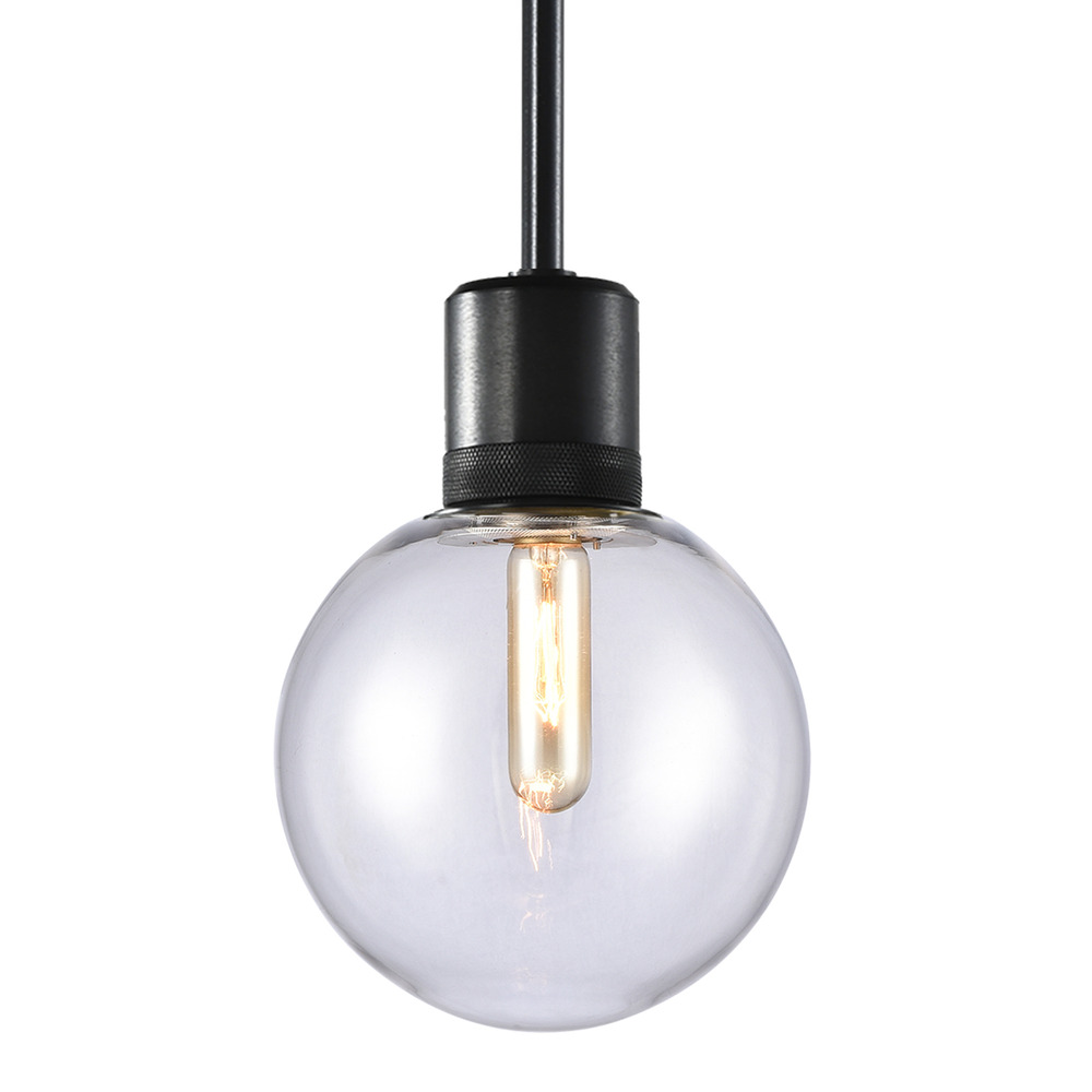 8" E26 Clear Globe Glass Pendant Light and Satin Brushed Black Metal Finish