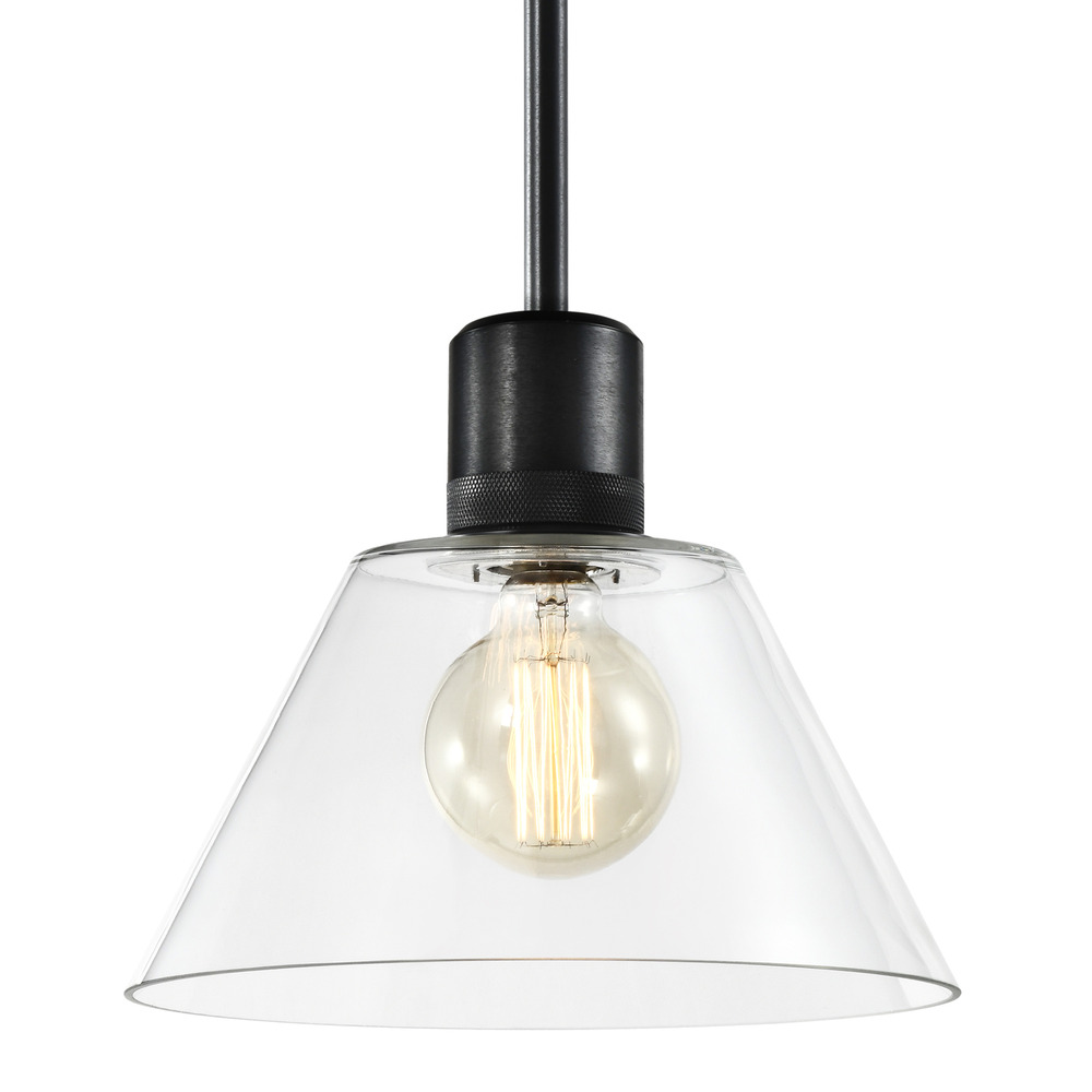 12" E26 Clear Cone Glass Pendant Light and Satin Brushed Black Metal Finish