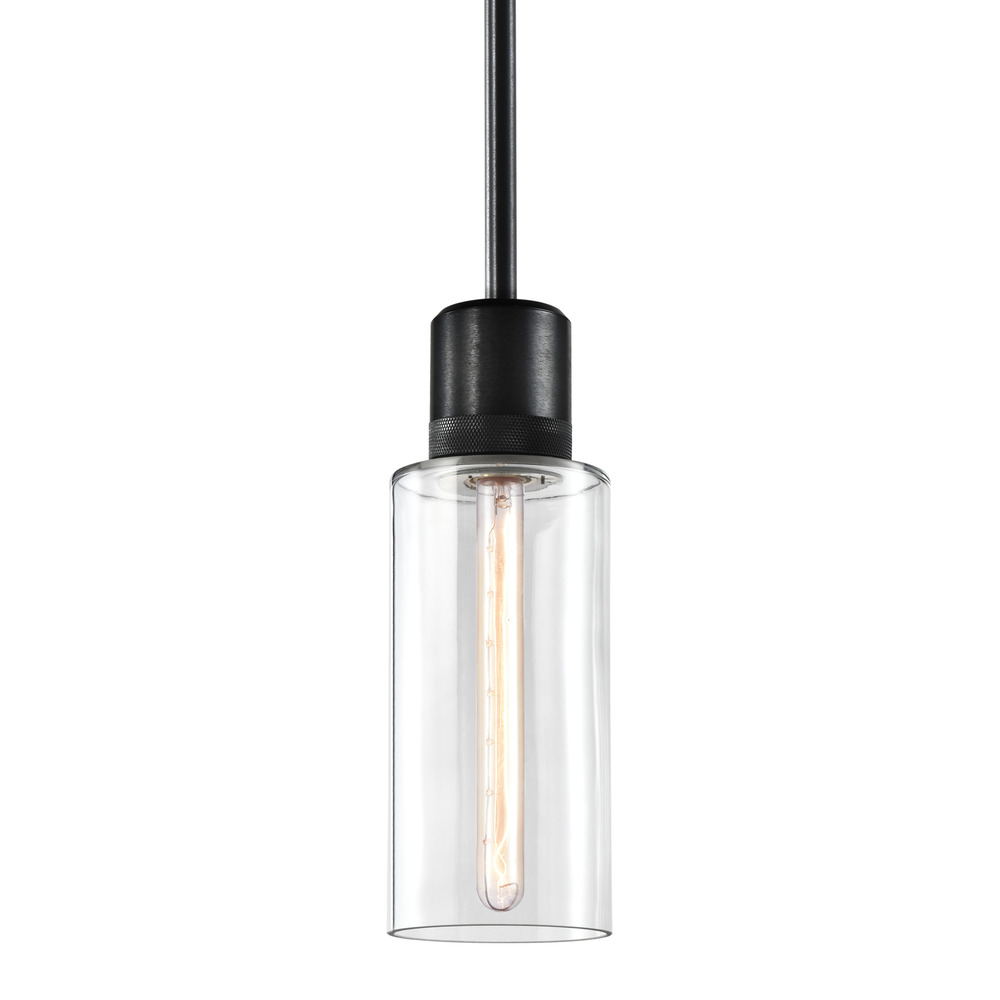 6" E26 Cylindrical Drum Pendant Light, 12" Clear Glass and Satin Brushed Black Metal Finish