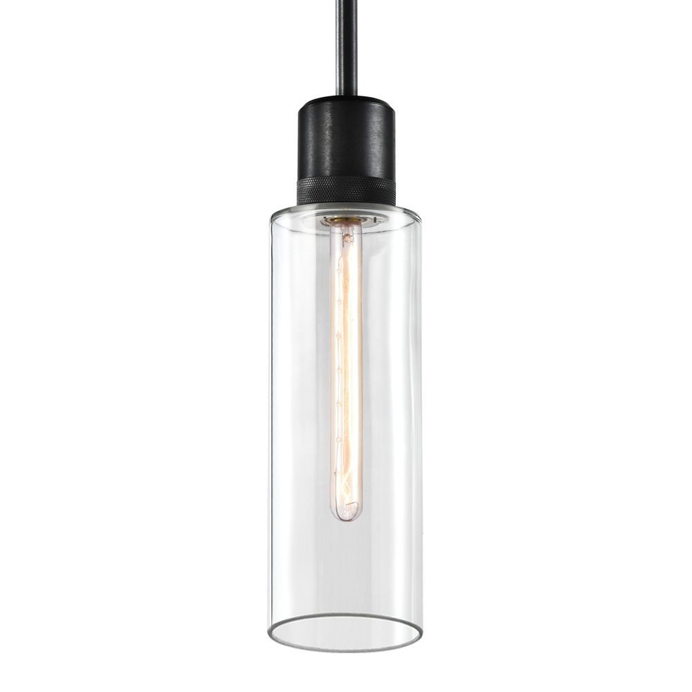 6" E26 Cylindrical Drum Pendant Light, 18" Clear Glass and Satin Brushed Black Metal Finish