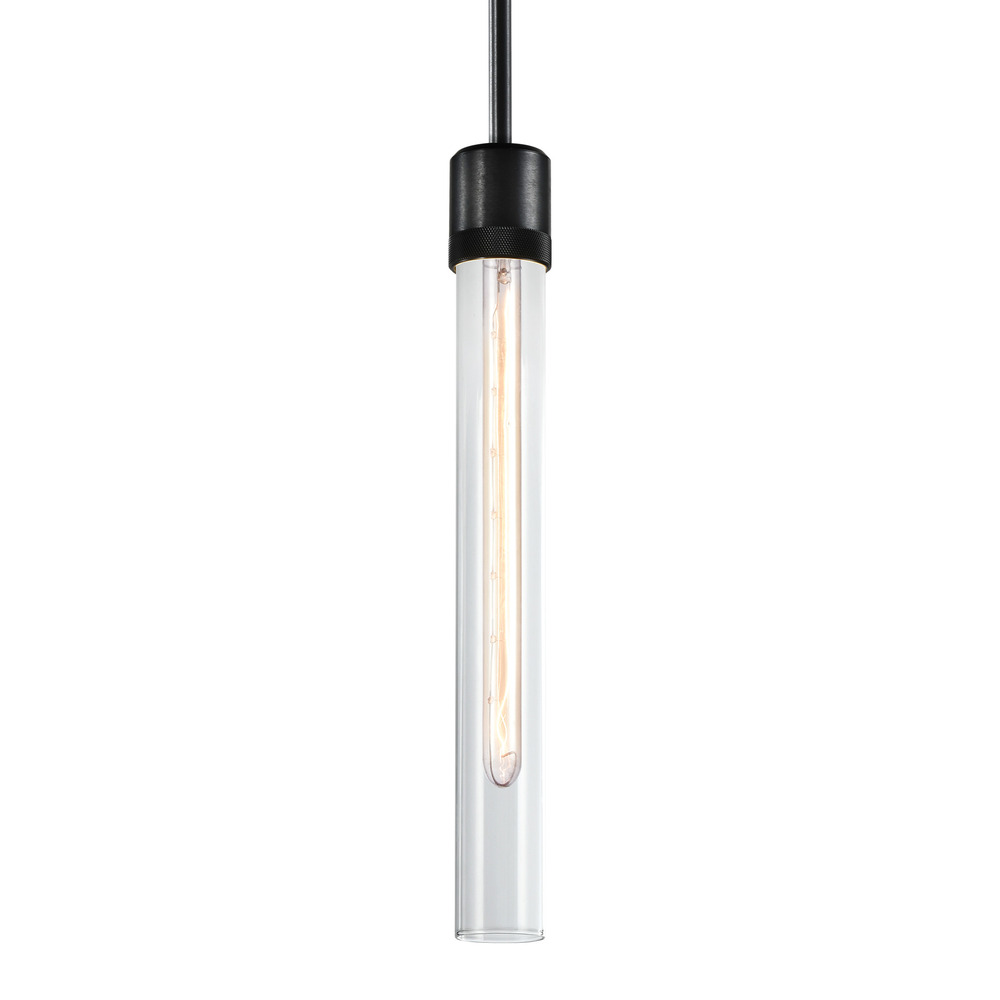 3" E26 Cylindrical Pendant Light, 18" Clear Glass and Satin Brushed Black Finish