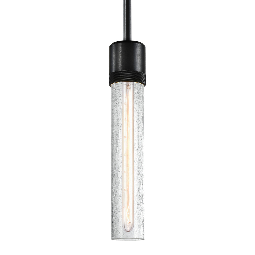 3" E26 Cylindrical Pendant Light, 12" Crackled Glass and Satin Brushed Black Finish