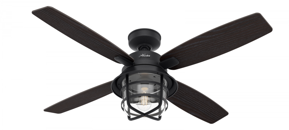 Hunter 52 in Port Royale Natural Black Iron Damp Rated Ceiling Fan with LED LT Kit & Handheld Remote