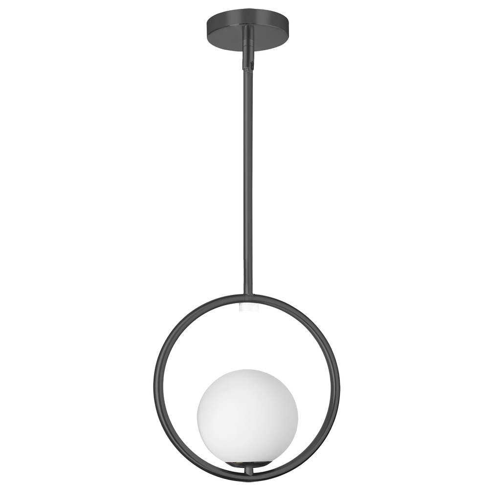 1 Light Halogen Pendant, Matte Black with White Opal Glass