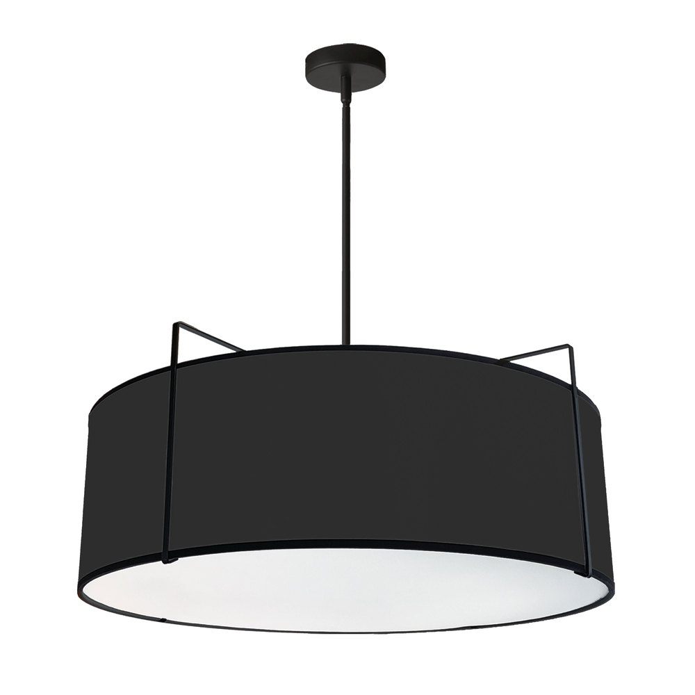 4 Light Drum Pendant Black Shade w/ White Fabric Diffuser