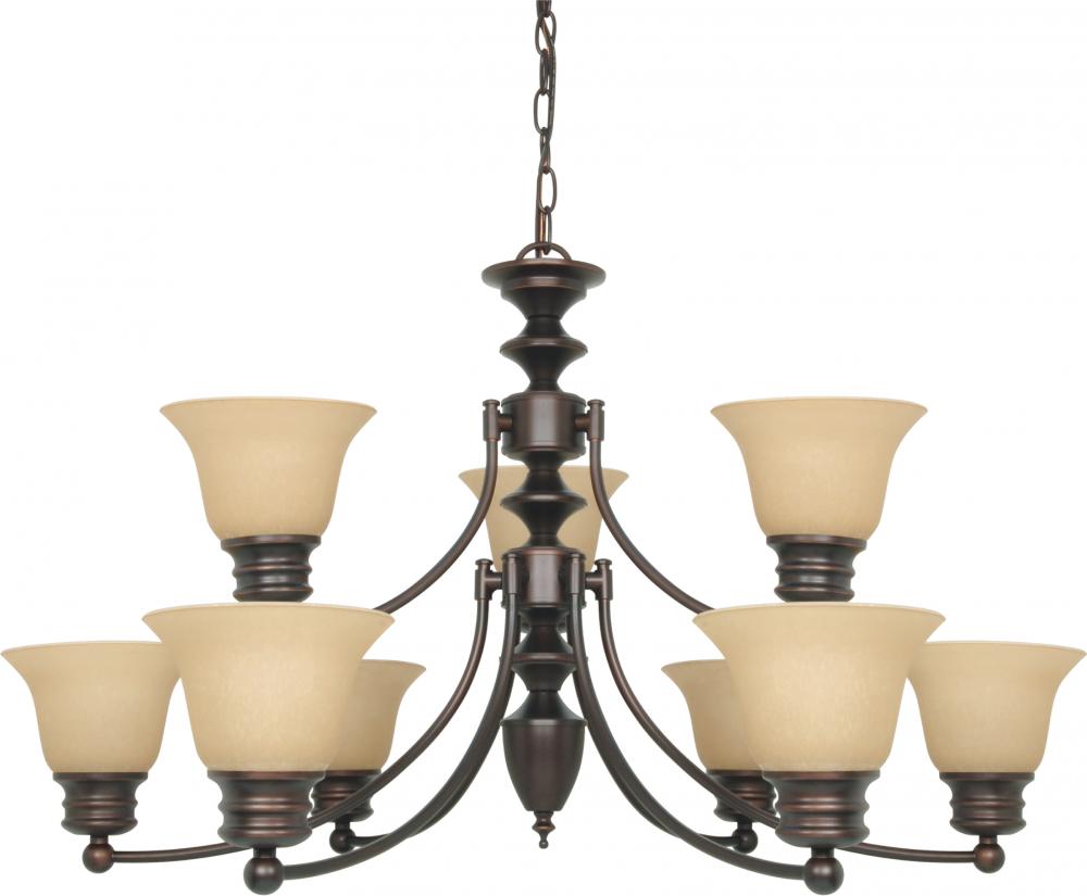 9-Light 2-Tier Chandelier in Mahogany Bronze Finish with Champagne Linen Glass