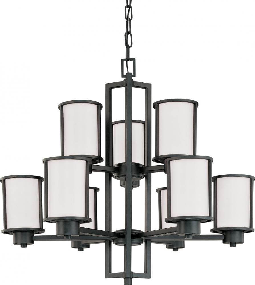 Odeon - 9 Light Chandelier with Satin White Glass - Aged Bronze Finish