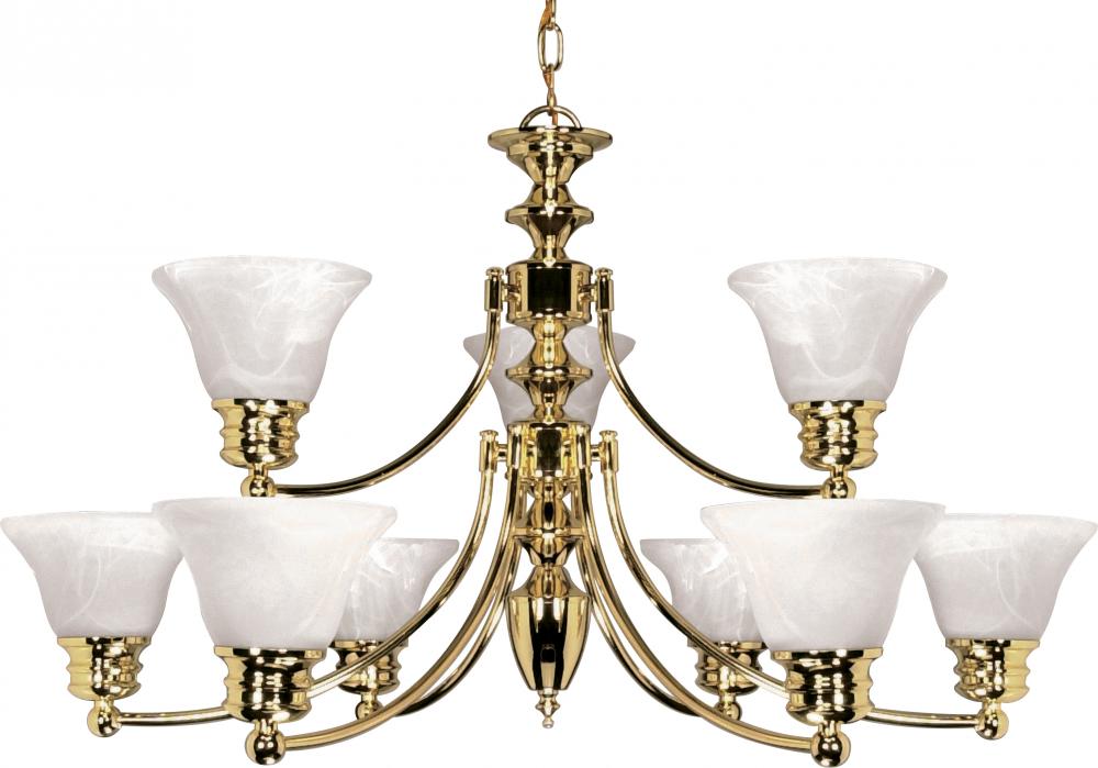 2-Tier 9-Light Polished Brass Chandelier with Alabaster Bell Shades