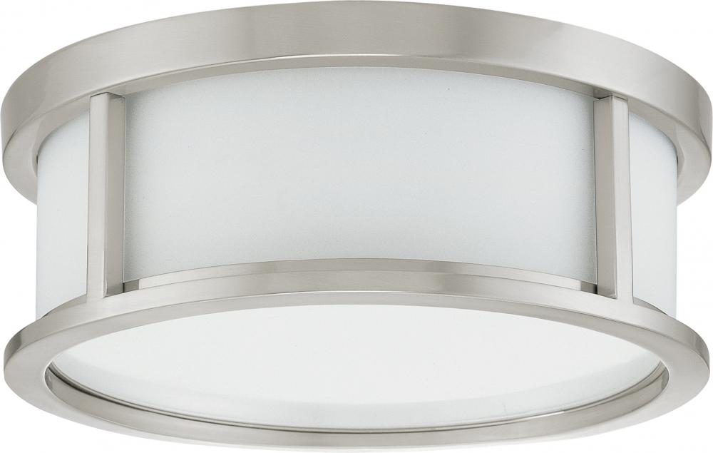 2-Light Small Flush Mount Ceiling Light in Brushed Nickel Finish with White Satin Glass and (2) 13W